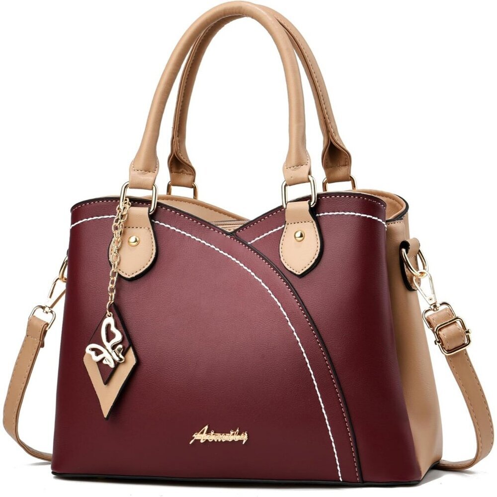 Women’s Wine Khaki Pu Leather Tote Satchel | Crossbody Shoulder Handbag